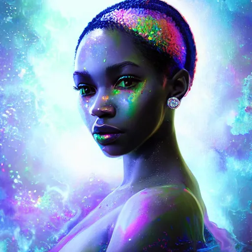 Prompt: the portrait of the absurdly beautiful, graceful, elegant, gorgeous, sensual young black girl goddess made of rainbow soul spirit, an ultrafine hyperdetailed photograph by irakli nadar, smooth details, intricate linework, bright colors, octopath traveler, final fantasy, unreal engine 5 highly rendered, global illumination, radiant light, intricate environment