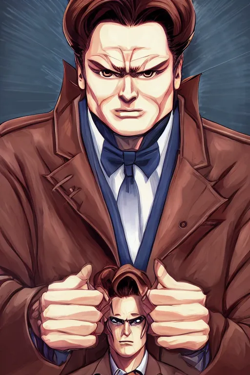 Image similar to symmetrical, character art, full body, conan o'brien, in the style of hiroaki hashimoto, kof 9 8, big hair, artstation, pixiv, lineart, anime, manga, light skin tone, highly detailed, volumetrics