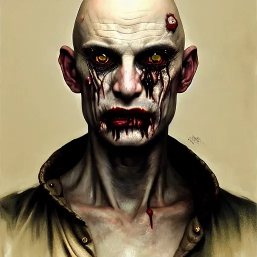 Image similar to portrait painting of a bald vampire with rotting skin and a popped eye wearing battered vietnam fatigues, ultra realistic, concept art, intricate details, eerie, highly detailed, photorealistic, octane render, 8 k, unreal engine. art by artgerm and greg rutkowski and charlie bowater and magali villeneuve and alphonse mucha