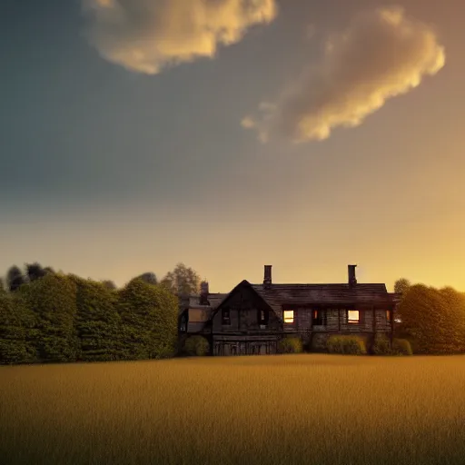 Prompt: house in style tudor on grassland, sunset, very wide view, atmospheric, hyper realistic, photography, 8k, epic composition, award winning, cinematic, unreal engine, artstation