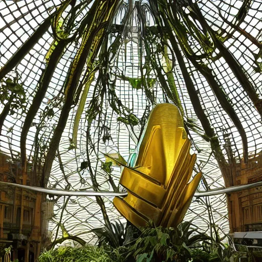 Image similar to old photo overgrown zaha hadid alphonse mucha spaceship symmetry godraysruins in jungle sunlight