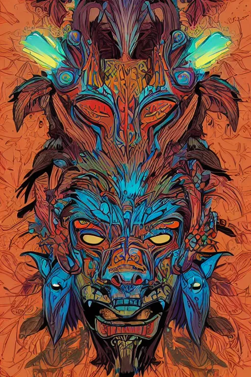 Image similar to animal mask totem roots flower tribal feather gemstone plant wood rock shaman vodoo video game vector cutout illustration vivid multicolor borderlands comics by josan gonzales and dan mumford radiating a glowing aura