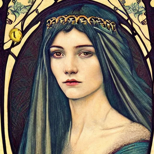 Prompt: detailed realistic beautiful young medieval queen face portrait by quinton hoover, art nouveau, symbolist, visionary, gothic, pre - raphaelite