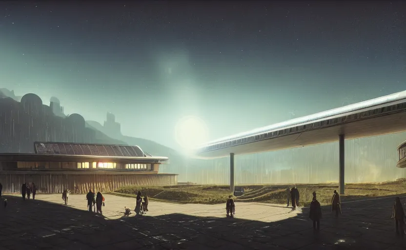 Prompt: exterior shot of utopian train station on the edge of the space with cinematic lighting by peter zumthor and renzo piano, darek zabrocki and greg ruthkowski, simon stalenhag, cinematic, holy place, paradise, scifi, futurism, atmospheric, concept art, artstation, trending on artstation