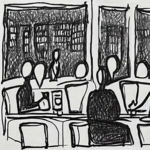 Image similar to The drawing shows four people sitting in a diner late at night. The people in the drawing look tired and lonely. The drawing is set in New York City and shows the city's skyline in the background. figurativism by Etel Adnan, by Vytautas Kairiukstis unplanned, riotous