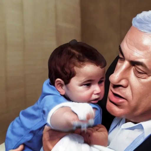 Image similar to benjamin netanyahu as a baby being breast fed by yair lapid. digital painting, high detail, 8 k, film still