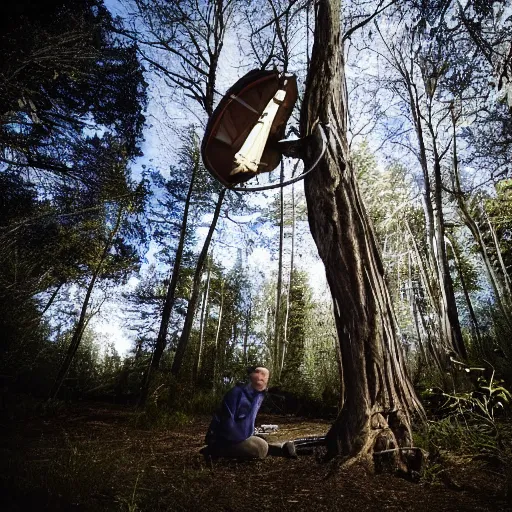 Prompt: Walter White sipping tree in the forest, photography