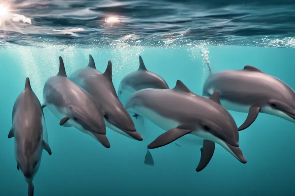 Prompt: dolphin pod underwater, light streaming through the ocean, HD nature photography, 4k