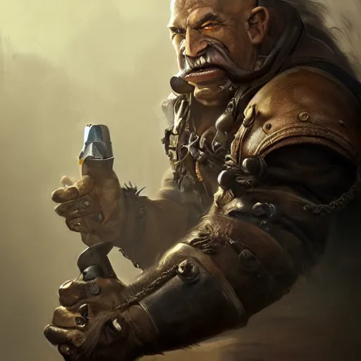 Image similar to portrait of a muscular, bald orc mechanic, wearing a heavy brown leather coat, wielding a wrench, tusks visible, steampunk and magic setting, DnD character, fantasy character, dramatic lighting, high detail, digital art by Ruan Jia