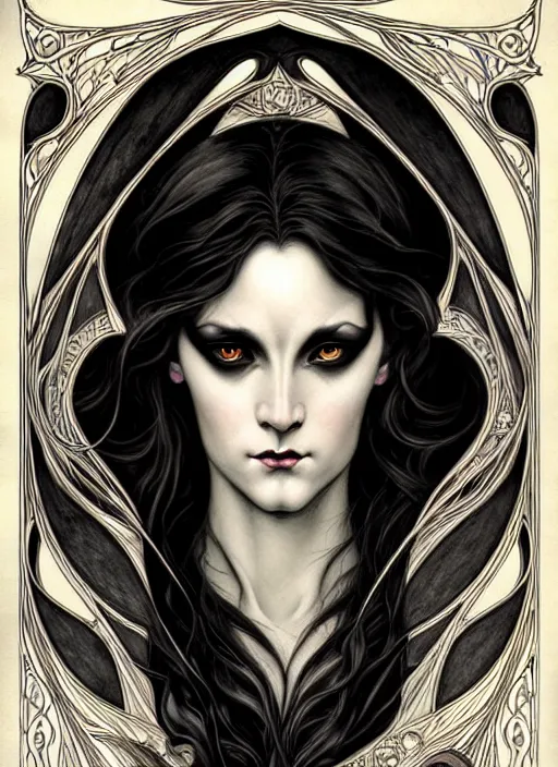 Image similar to an art nouveau, black dragon portrait in the style of charlie bowater, and in the style of donato giancola, and in the style of charles dulac. very large, clear, expressive, intelligent eyes. symmetrical, centered, ultrasharp focus, dramatic lighting, photorealistic digital painting, intricate ultra detailed background.