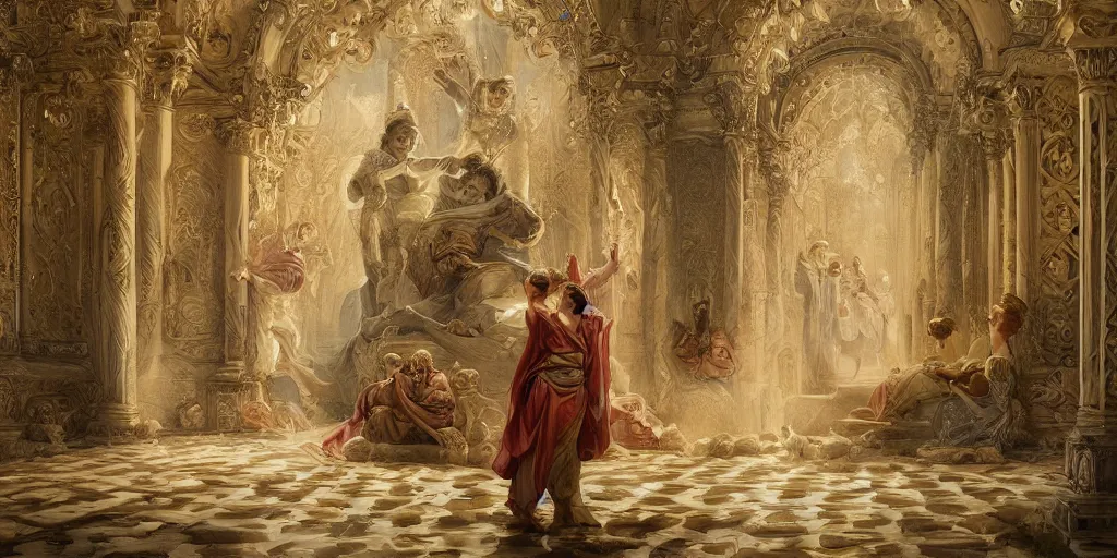 Image similar to a stunning and noble highly detailed romantic period style painting of the place where gods come into being by james jean, josep tapiro baro and harles sillem lidderdale, trending on artstation, oil painting masterpiece, symmetry, rule of thirds, mysterious
