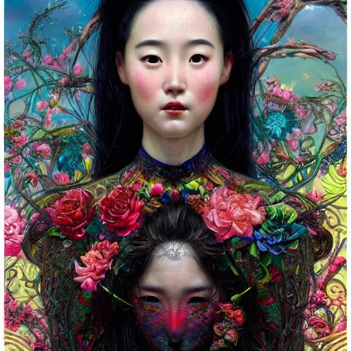 Image similar to portrait of liu yifei, hyper detailed masterpiece, neon floral pattern, jean giraud, digital art painting, darkwave goth aesthetic, psychedelic, artgerm, donato giancola and tom bagshaw