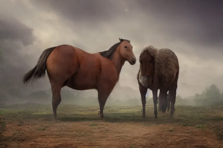 Prompt: a tiny horse standing next to an extremely large duck, the duck is bigger than the horse, evening light, cinematic photography, digital painting, volumetric light, concept art, trending on artstation, digital Art, fantasy art