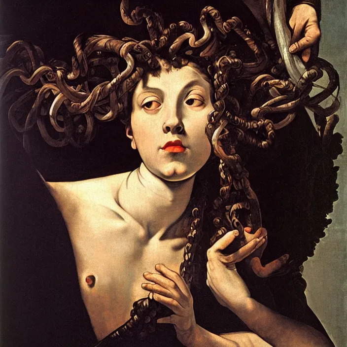 Image similar to Caravaggio-style portrait of Medusa