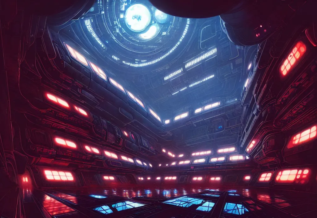 Prompt: inside a gigantic and intricate spaceship full of clouds, realistic, beautiful, dark, red lights, blue lights, cyberpunk, vibrant, highly detailed, industrial, cosmos, by katsuhiro otomo and greg rutkowski