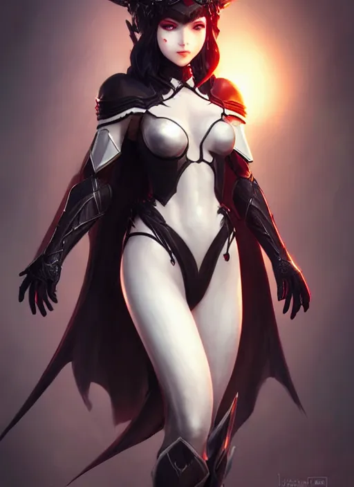 Image similar to full plate armor!!! beautiful and elegant dark hair female vampire!! gorgeous ayes!! character concept art, sharp focus, octane render! unreal engine 5! highly rendered!! trending on artstation!! detailed linework!! illustration by artgerm, wlop, and chie yoshii