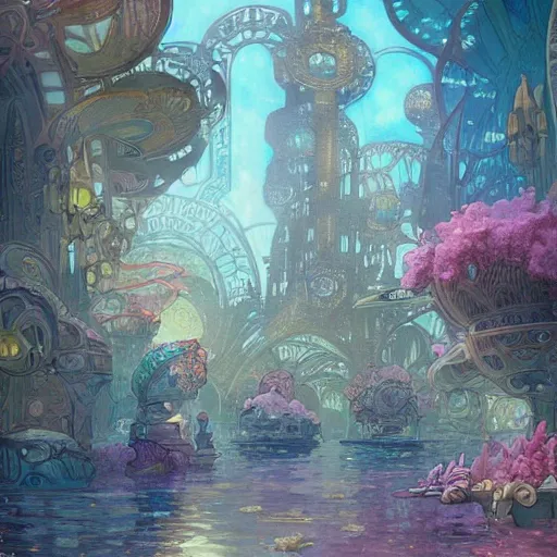 Image similar to a beautiful stunning fantasy whimsical matte digital storybook watercolor painting a cityscape of the underwater city of Atlantis, art nouveau, bubbles splash shells fish details, pastel color palette, by Alphonse Mucha and Tyler Edlin, trending on artstation hq