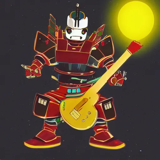 Prompt: A cell animation of a samurai robot playing guitar, Miyazaki Hayao, ghibli style, Illustration, anime, trending on artstation