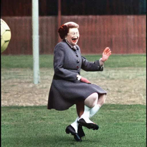 Image similar to queen elizabeth laughing while kicking a soccer ball,