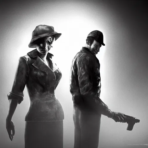 Image similar to humphrey bogart and lauren bacall, battered, carrying machine guns and grenades, back to back, and disturbing shapes come out of the fog. Silent hill, resident evil. Octane render, studio lighting.