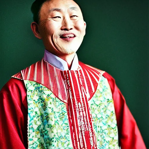 Prompt: realistic photography by araki nobuyoshi of wearing traditional ukrainian shirt designed by taras shevchenko smiling kim chen