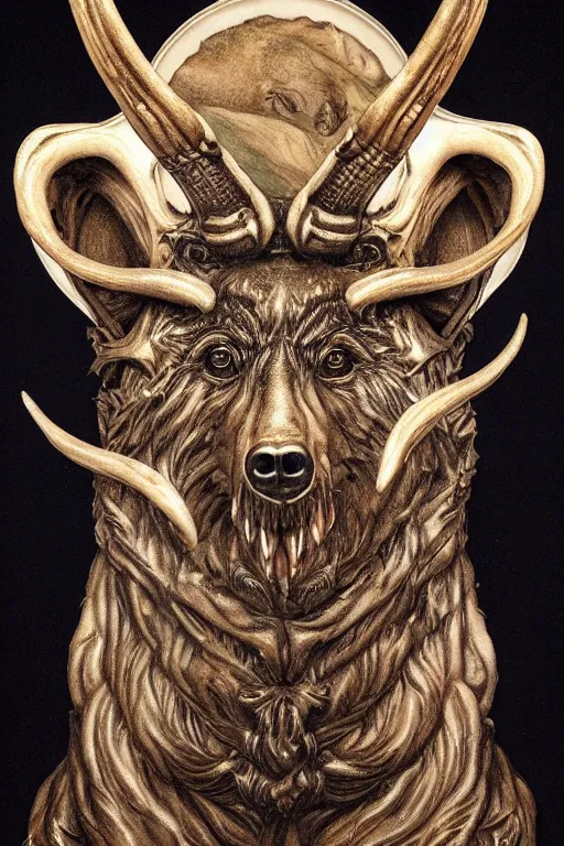 Image similar to sideview waist up portrait of bear baphomet made with porcelain by jeff easley and peter elson, beautiful eyes and face, symmetry face, galaxy, gothic, surreal, dread, highly detailed, intricate complexity, epic composition, magical atmosphere, masterpiece, award winning, trending on artstation