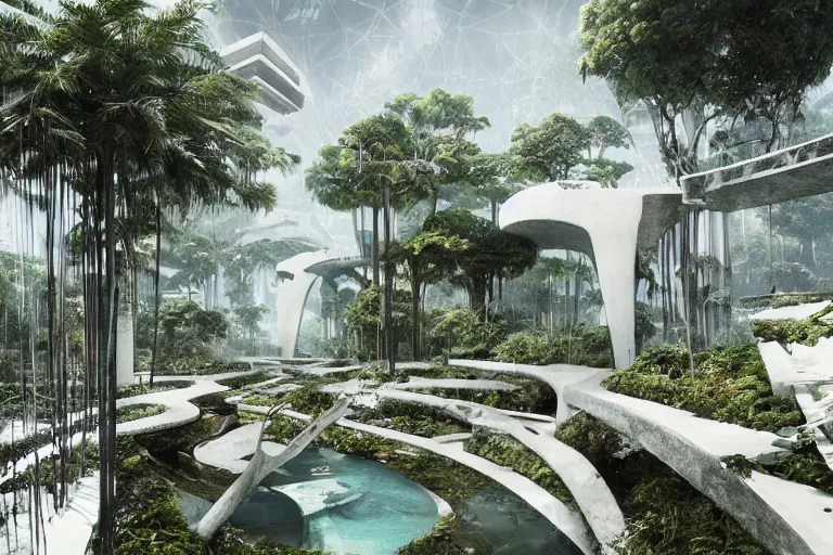 Prompt: brutalist futuristic white Aztec structures, manicured garden of eden, pools and streams, tropical foliage, birds, sculpture gardens, Winter, by Jessica Rossier and Brian Froud