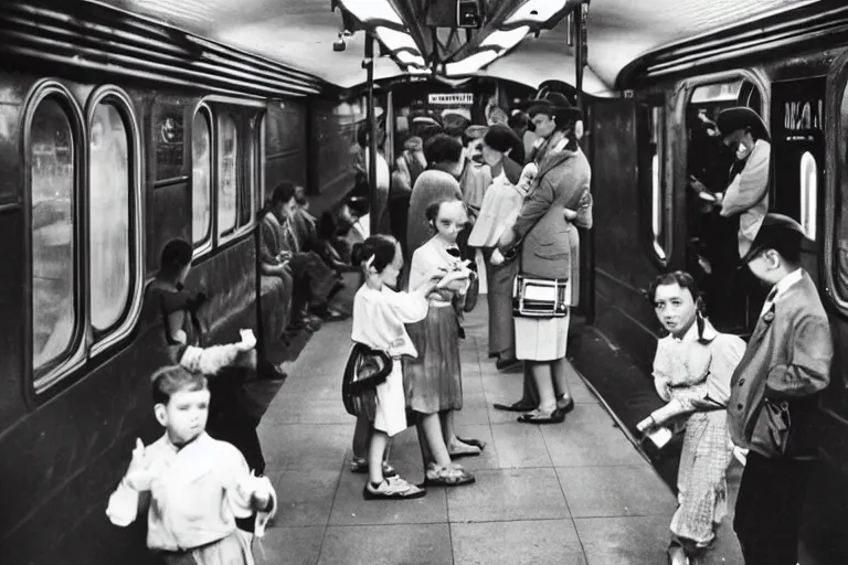 Image similar to A picture of 1934 in the new York subway. Children playing with a mobile phone, retro, vintage, ultra detailed, 20mm camera