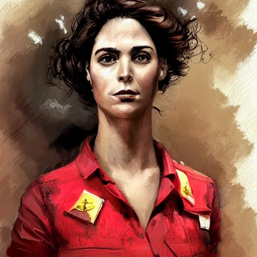 Image similar to portrait of a spanish communist revolutionary marina ginesta, colourised, face portrait, epic, tragic, military art, fantasy, dieselpunk, hd shot, digital portrait, beautiful, artstation, comic style, by artgerm, guy denning, jakub rozalski, magali villeneuve and charlie bowater