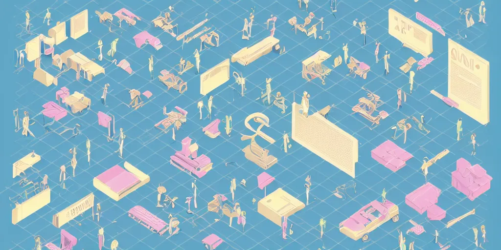 Prompt: getting ready for work axonometric pastel infographic by Wes Anderson