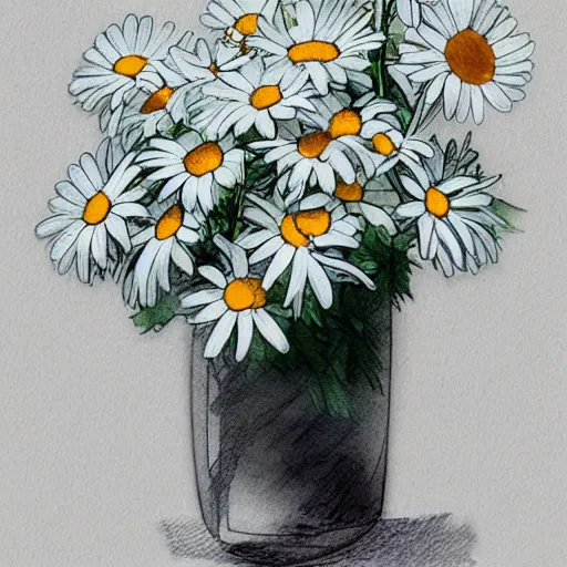 Prompt: a perfect, realistic professional digital sketch of daisies, by pen and watercolor, by a professional Chinese Korean artist on ArtStation, on high-quality paper