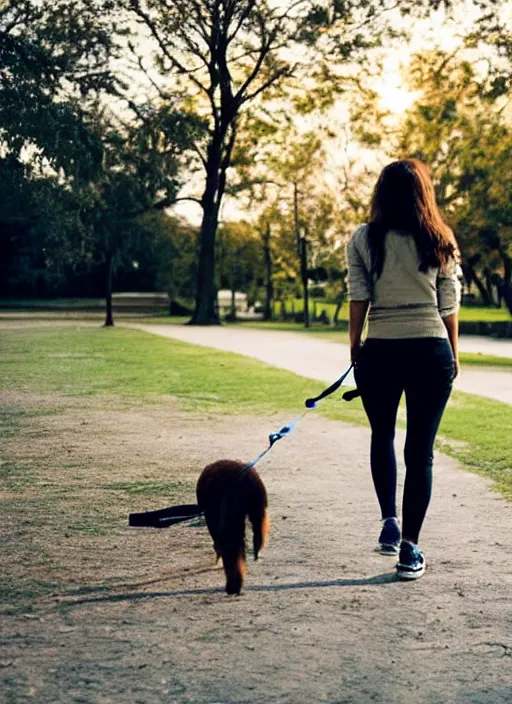 Image similar to young brown woman walking her dog in a park at night with a full moon