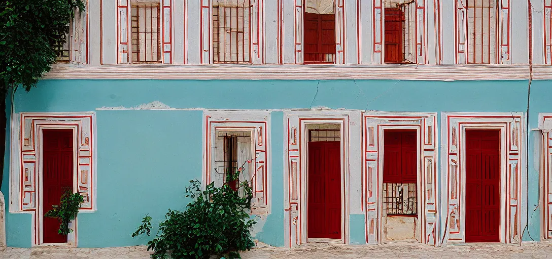 Prompt: colonial house in greece with multicolored portuguese tiles. photographed by wes anderson. fujinon premista 1 9 - 4 5 mm t 2. 9. portra 8 0 0.