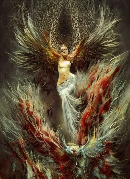 Prompt: breathtaking soft painting of many birds with pale veil feathers, outside of a meat cathedral in flames with cyan stained glass, by guillermo lorca and peter mohrbacher, white milk splash in bleeding meat and flesh, dynamic movement, gothic bones and meat, rembrandt style, elegant, highly detailed, artstation, concept art, fantasy art, sharp focus,