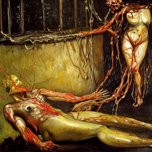Prompt: realistic Gustave Courbet painting of a sci-fi laboratory with zombie with body made guts and veins dripping golden shiny metalic cascade fluid from ribcage to the floor