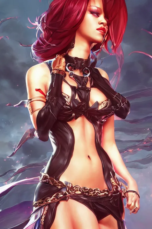 Image similar to Rihanna in a blade and soul spinoff artbook rendered by the artist Taran Fiddler, Joe Madureira, Nadezhda Tikhomirova, Jiyun Chae, Lê Long, trending on Artstation by Hyung Tae Kim, artbook, Stanley Artgerm Lau, WLOP, Rossdraws , James Gurney