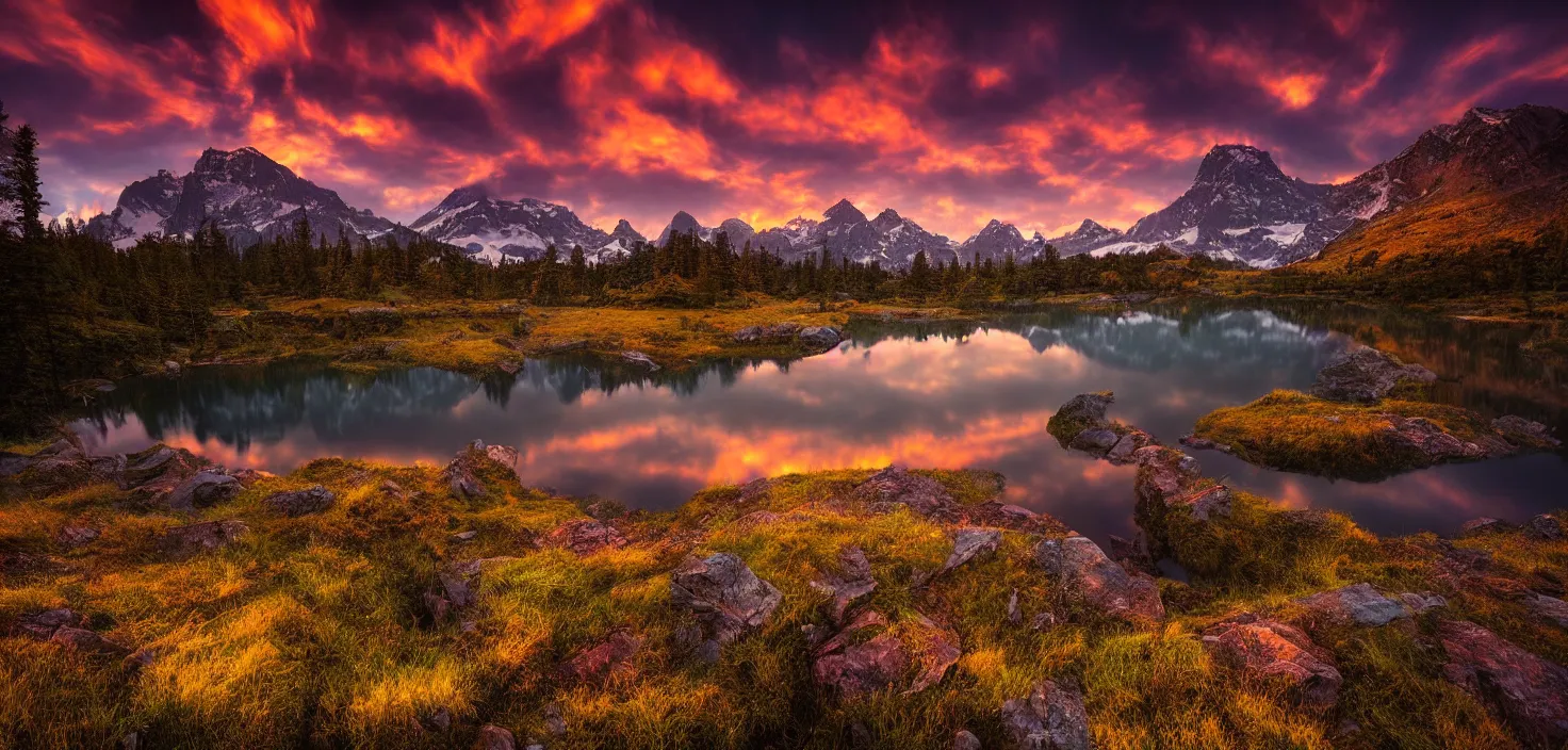 Image similar to amazing landscape photo of mountains with lake in sunset by marc adamus, beautiful dramatic lighting