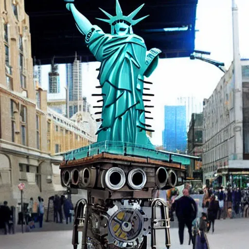 Image similar to a mechanical steampunk statue of liberty that is able to walk around