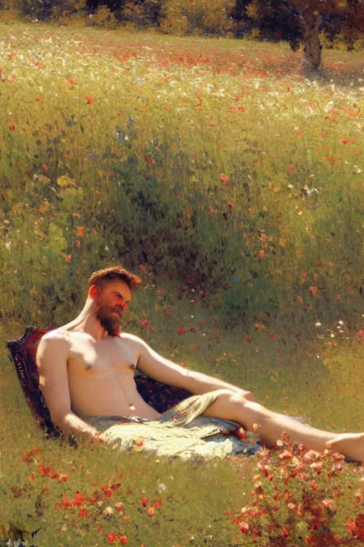 Prompt: attractive man relaxing in flower field, painting by gaston bussiere, craig mullins