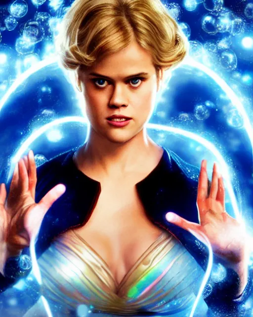 Image similar to drew struzan style movie poster of alice eve dressed as sue storm, the invisible woman from the fantastic four, with her hands held up, she is generating an iridescent bubble of particles around her body in the form of a shimmering bubble force field, soft focus, bokeh, 5 0 mm