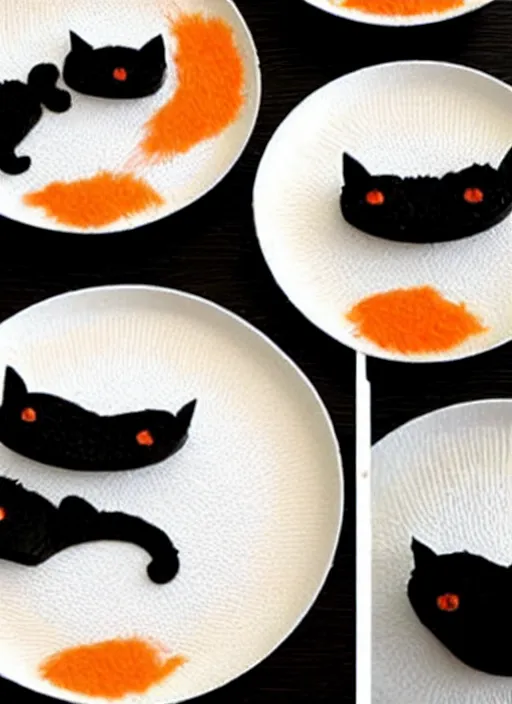 Image similar to clear surrealist painting of adorable cats made from sushi rice, sitting on sushi plates with garnish