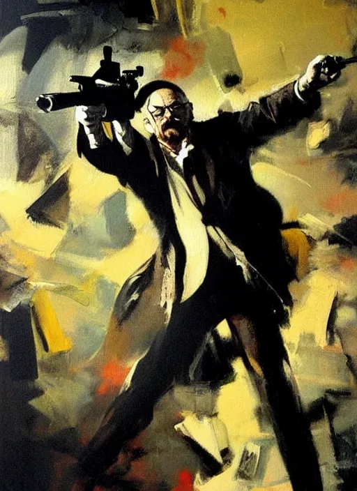 Prompt: walter white holding gun, painting by phil hale, francisco goya,'action lines '!!!, graphic style, visible brushstrokes, motion blur, blurry
