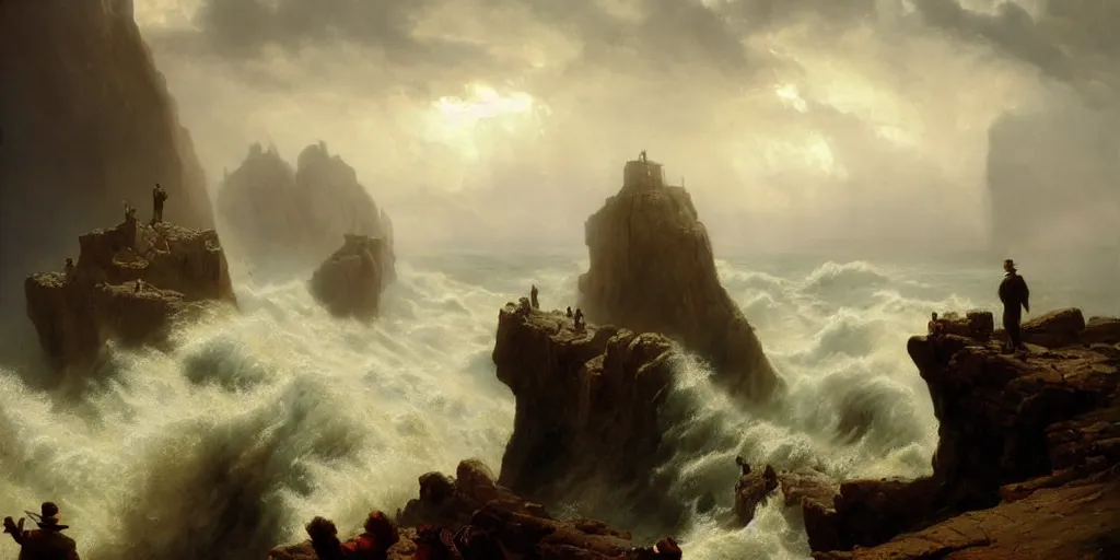 Image similar to a big cliff at the middle of the day in 1 9 4 0, stormy sea, a only men stand up at the edge of the precipice, steam punk, mystical yellow fog, oil on canvas, art by andreas achenbach, clemens ascher, tom bagshaw and sabbas apterus,