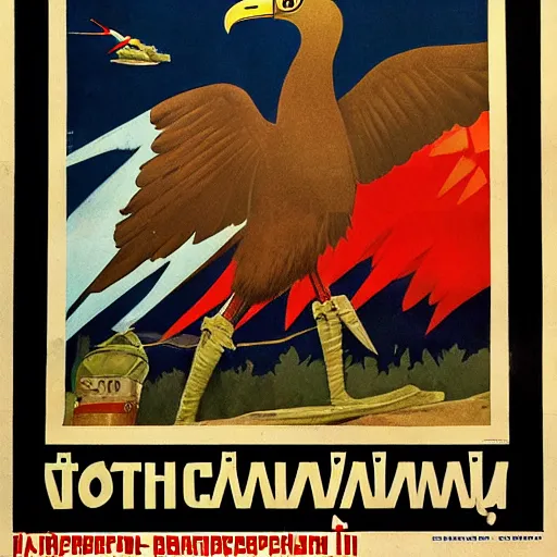 Image similar to soviet propaganda poster depicting a dromaius novaehollandiae in military uniform