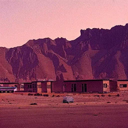 Image similar to 1 9 7 0 s movie still of a empty mammoth stalinist style town with high - rise in the desert, cinestill 8 0 0 t 3 5 mm eastmancolor, heavy grain, high quality, high detailed