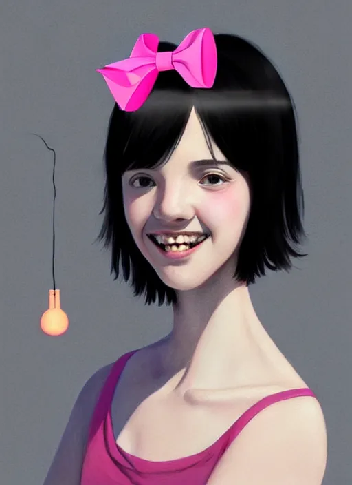 Image similar to portrait of high school girl, realistic, black hair, bangs, half updo hairstyle, pointy nose, skinny, smile, ugly, defined jawline, big chin, pink hair bow, earrings, intricate, elegant, glowing lights, highly detailed, digital painting, artstation, sharp focus, illustration, art by wlop, mars ravelo and greg rutkowski