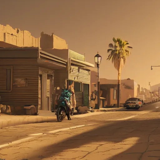 Prompt: A street view of a small desert town, 4k, artstation, cgsociety, cinematic lighting