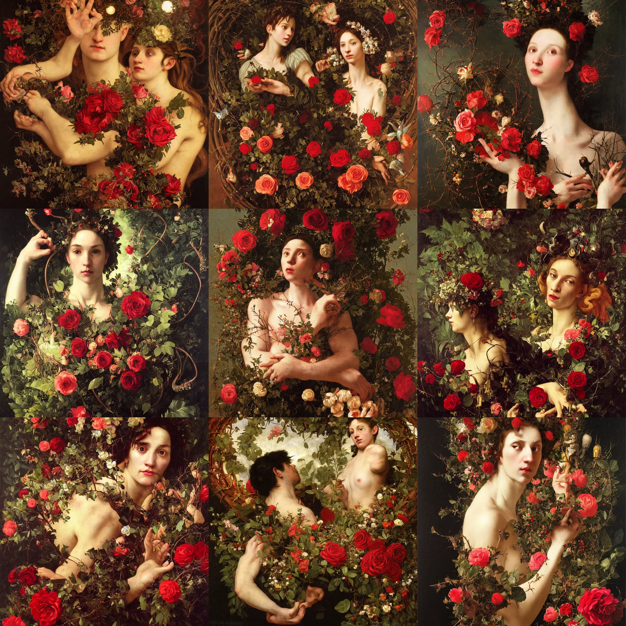 Prompt: portrait of a person with a luminous sphere, a wreath of thorns, roses, horns, snakes, smoke, flames, full-length, oil painting in a renaissance style , very detailed, out of focus background, painted by Caravaggio, Greg rutkowski, Sachin Teng, Thomas Kindkade, Alphonse Mucha, Norman Rockwell, Tom Bagshaw.