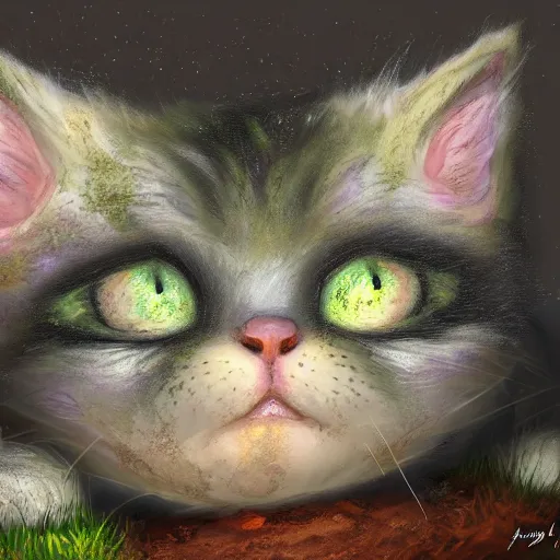 Image similar to rescue from the underworld, shadows of the past, chubby moss kitten, highly detailed, digital painting, HDRI, by tyler boswell and jeff easley, vivid colors, high contrast, 8k resolution, intricate, photorealistic, smooth