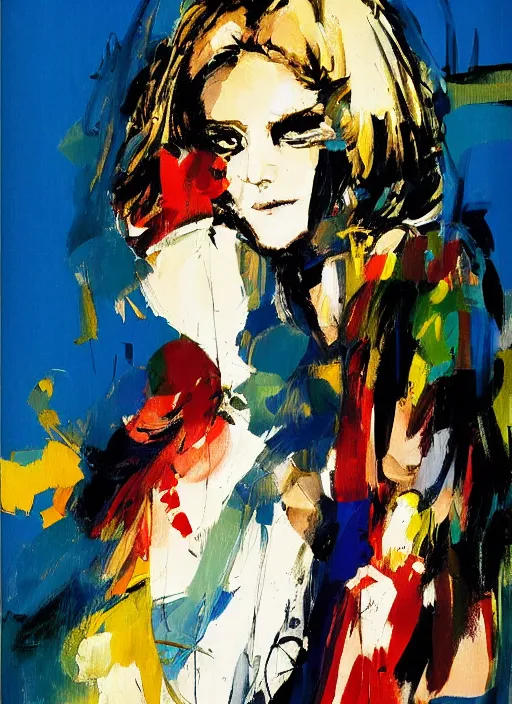 Image similar to Fashion model girl by Ashley Wood, Yoji Shinkawa, Jamie Hewlett, 60's French movie poster, French Impressionism, vivid colors, palette knife and brush strokes, Dutch tilt